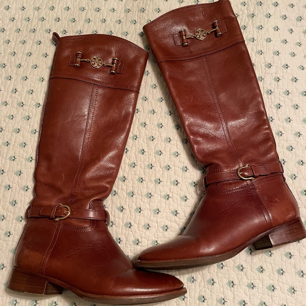 Tory Burch Nadine Tall Brown Leather Gold Accents Riding Boots Sz 7.5M EUC, $495